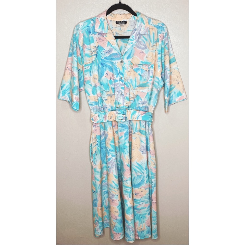 CALICHE Vintage1980s Blue, Peach and White  Print Floral Print House Dress